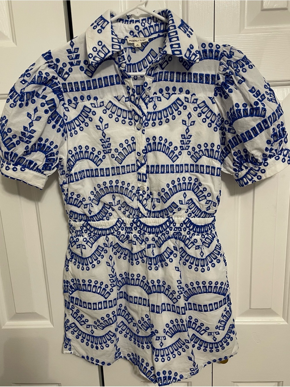 Main Strip White and Blue Embroidered Cotton Romper